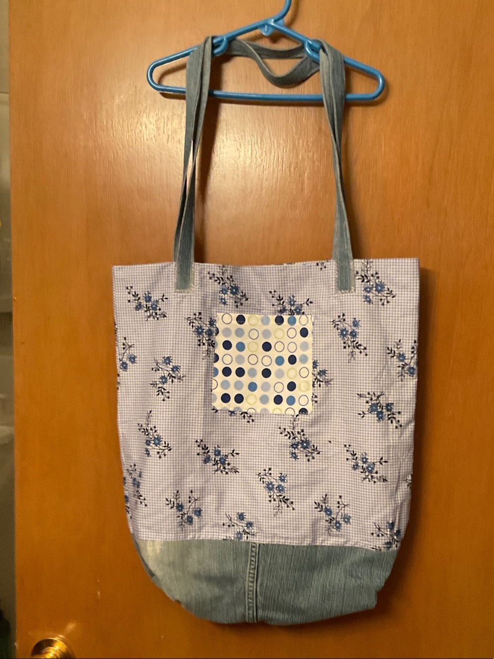 Blue Floral Patchwork Tote with Denim Trim, Unbranded
